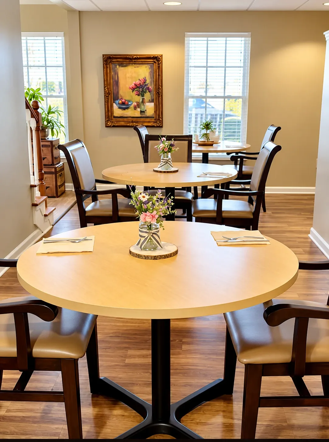 The Regency House dining room, with round tables set for lunch beneath the windows